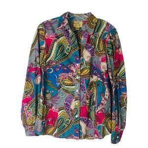 Vintage tan pink blue paisley button front office preppy top 10